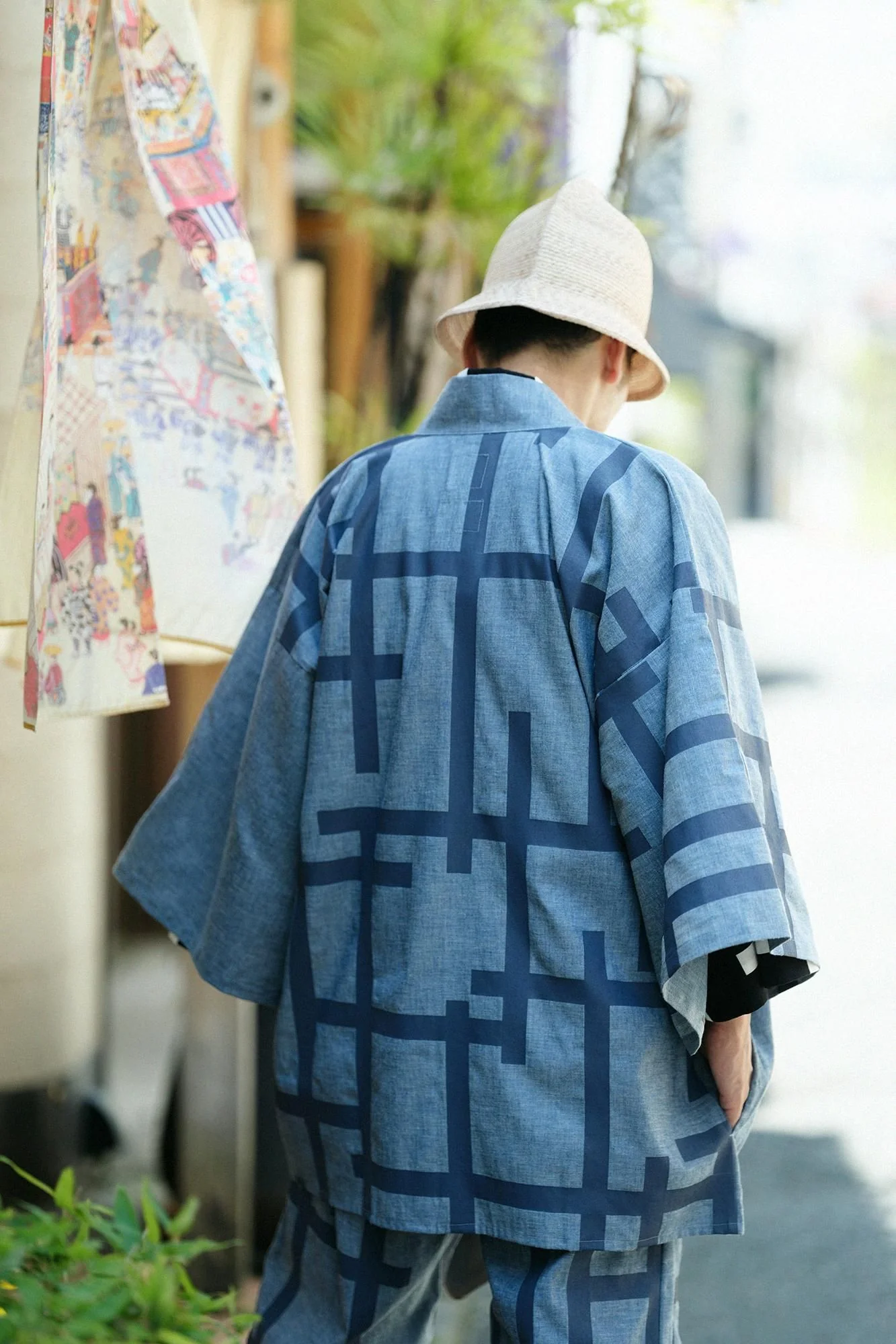 シャンブレー織 甚兵衛羽織(じんべえばおり)/青袋鼠(せいたいねず)×桟(さん) - Image 5