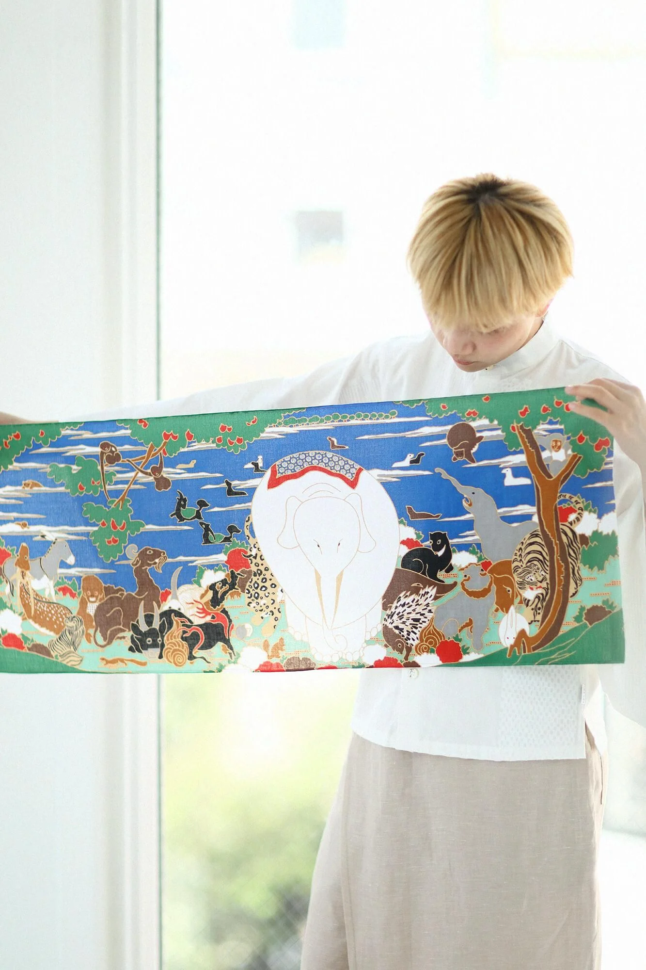 伊勢木綿 textile手ぬぐい/若冲(じゃくちゅう) 鳥獣花木図屏風(ちょうじゅうかぼくずびょうぶ) 写し(うつし) - Image 4